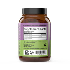 Close-up of milk thistle capsules showing 500 mg silymarin