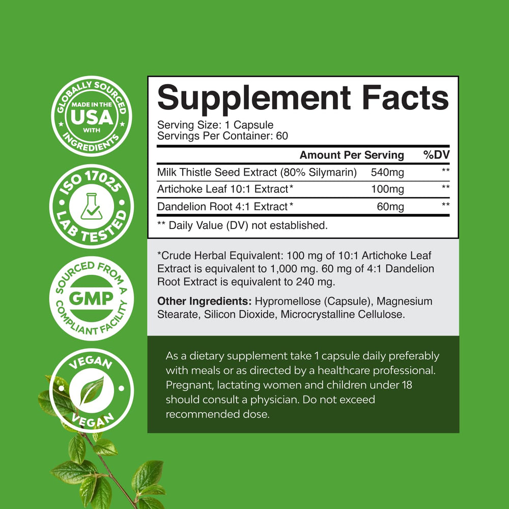 Herbal blend of milk thistle, dandelion root, and artichoke leaf
