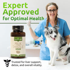 Packaging label highlighting dog liver health benefits