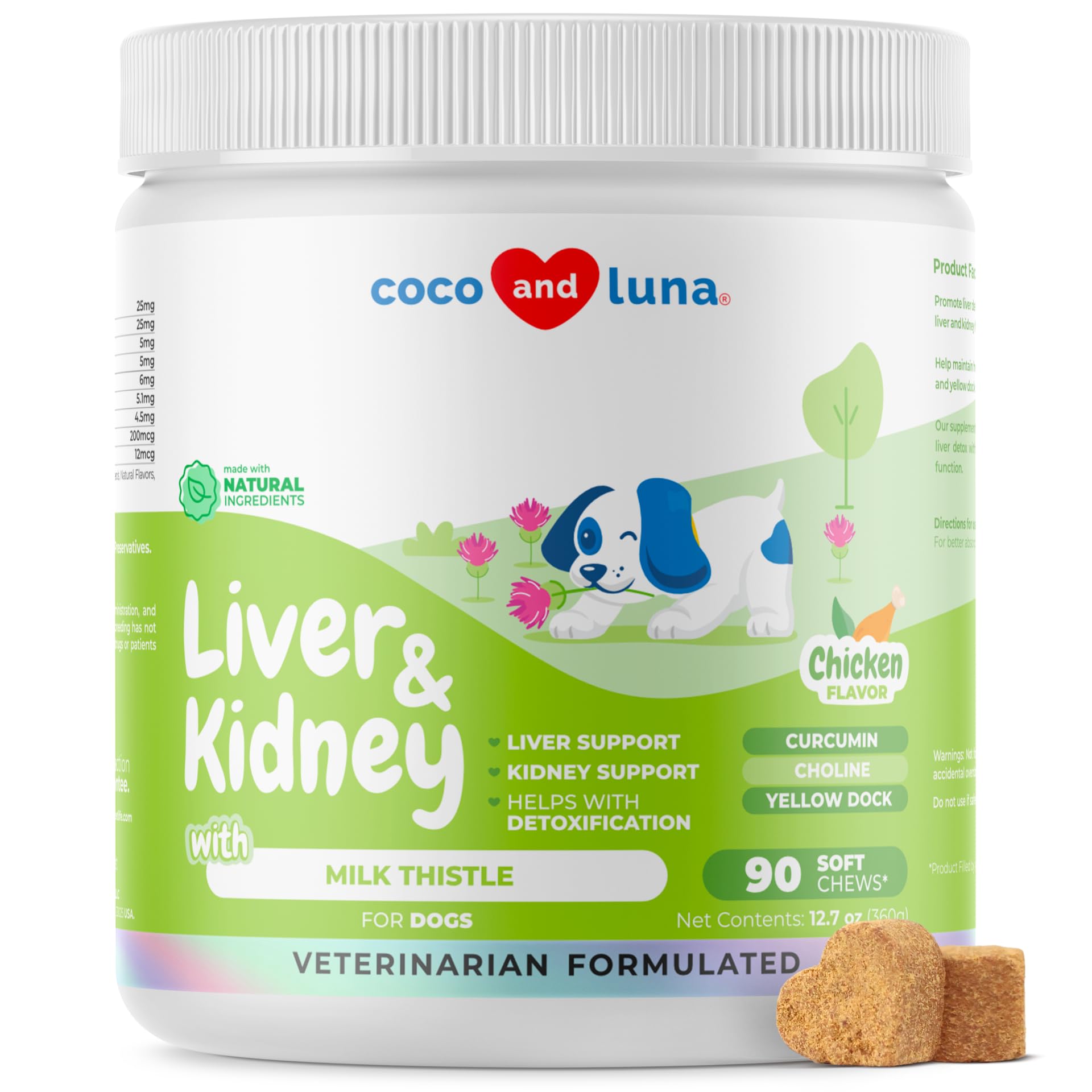 Coco and Luna Milk Thistle Liver and Kidney Support for Dogs bottle and packaging