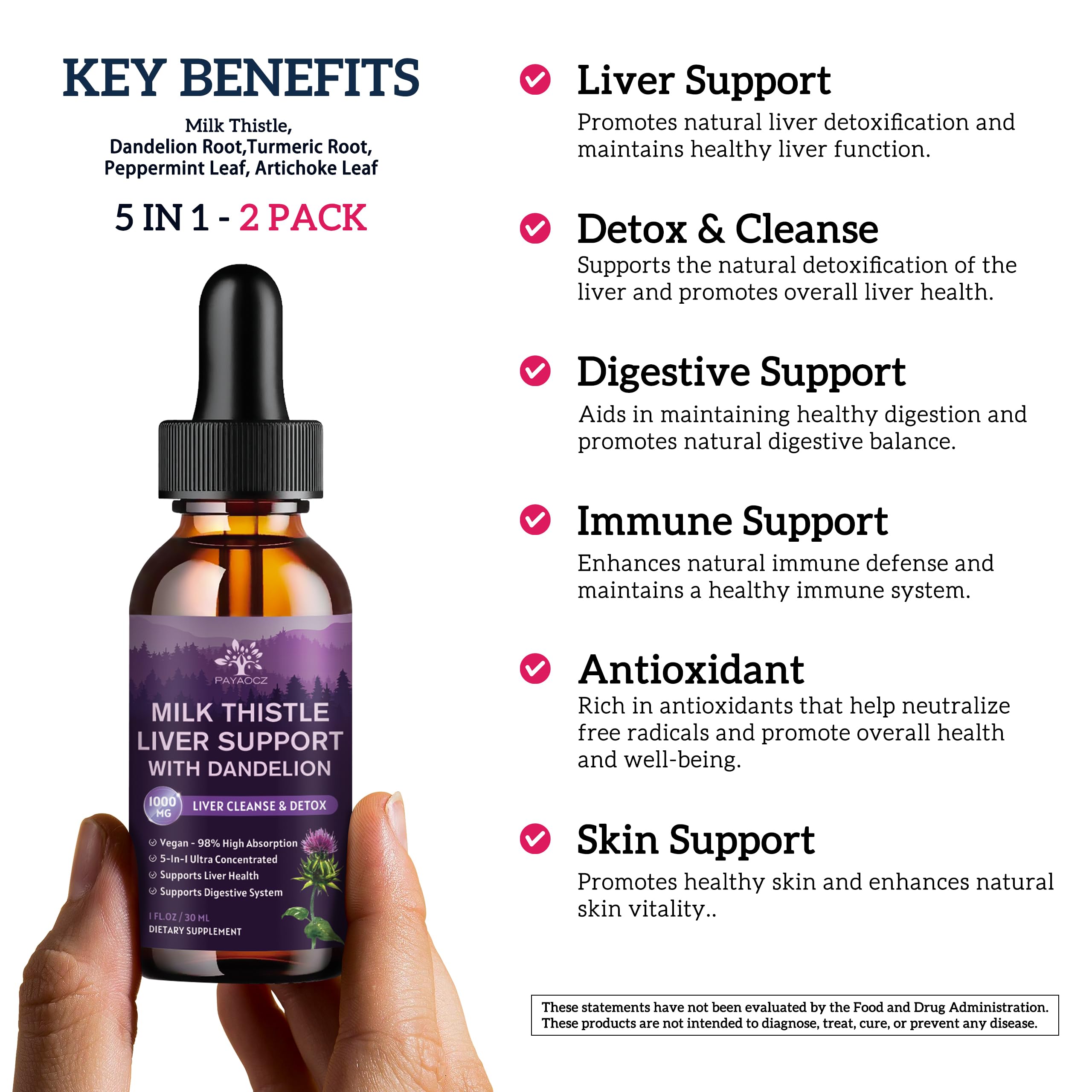 Milk Thistle Liquid Drops bottles with labels showing ingredients