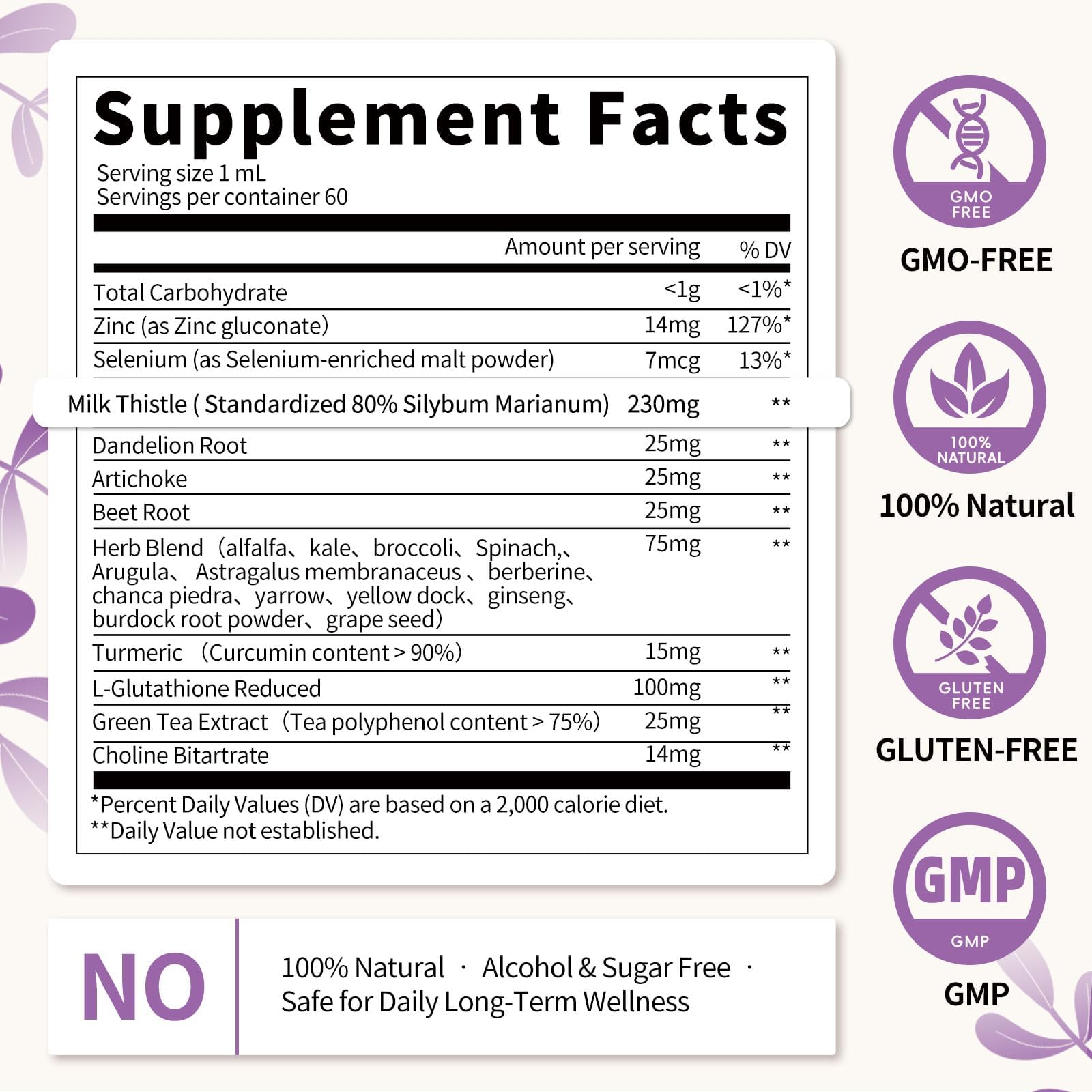 Bottle label highlighting non-GMO vegan liver support