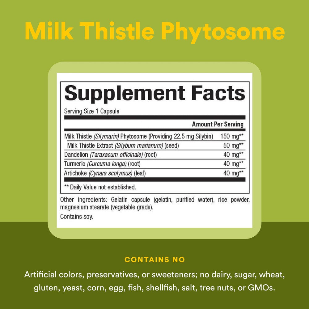 Milk thistle phytosome capsules in blue bottle on white background