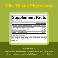 Milk thistle phytosome capsules in blue bottle on white background