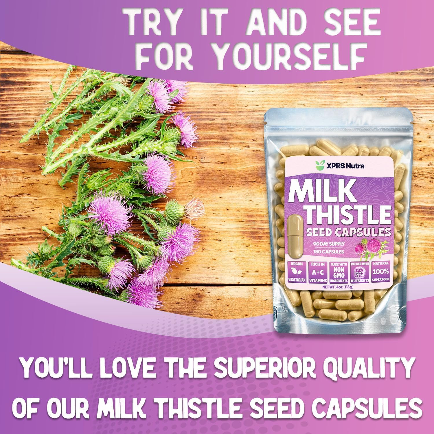 Bottle of milk thistle capsules with supplement branding
