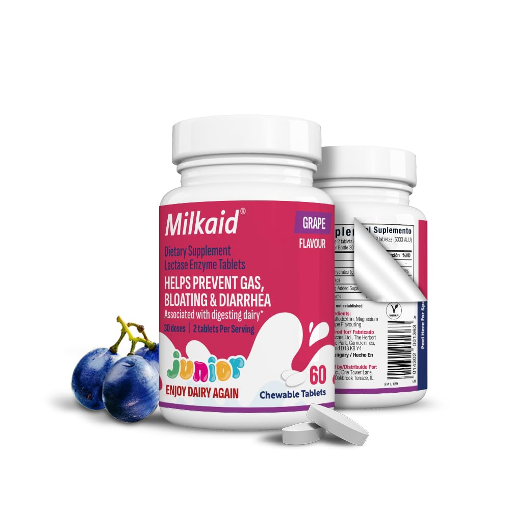 Milkaid Junior Lactase Enzyme Chewables – Grapes flavor, 60 count package