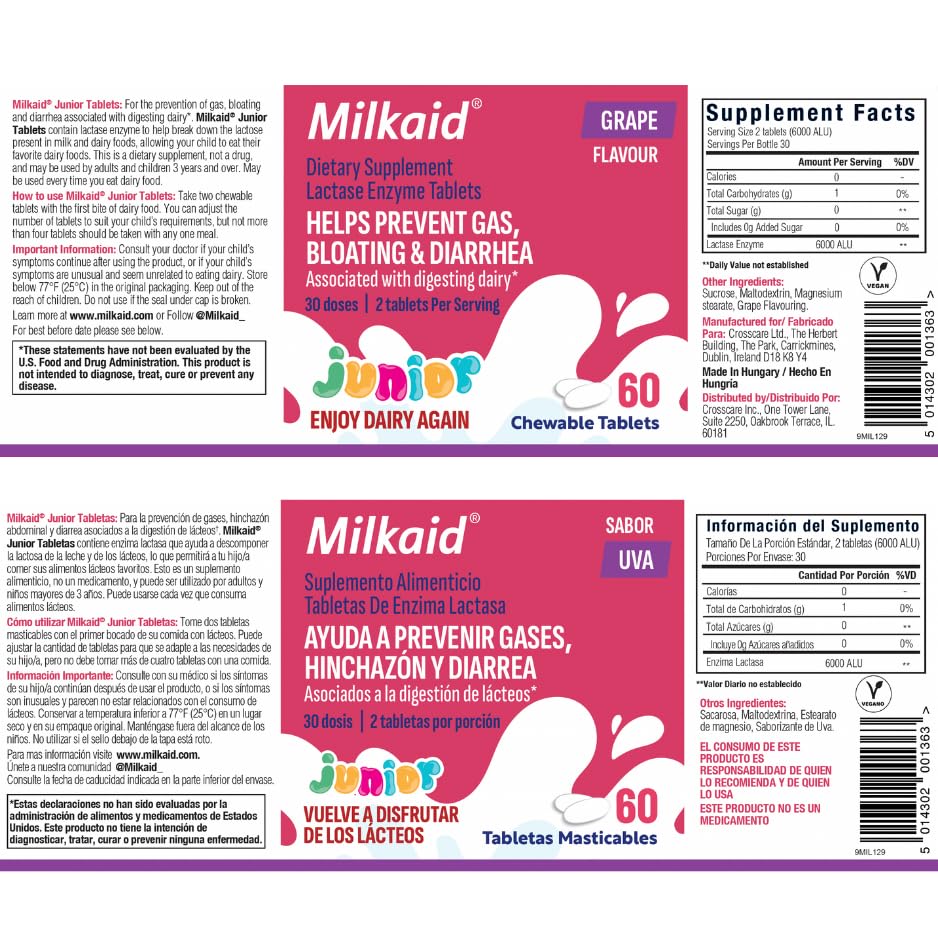 Back of Milkaid Junior bottle packaging showing 60 tablets