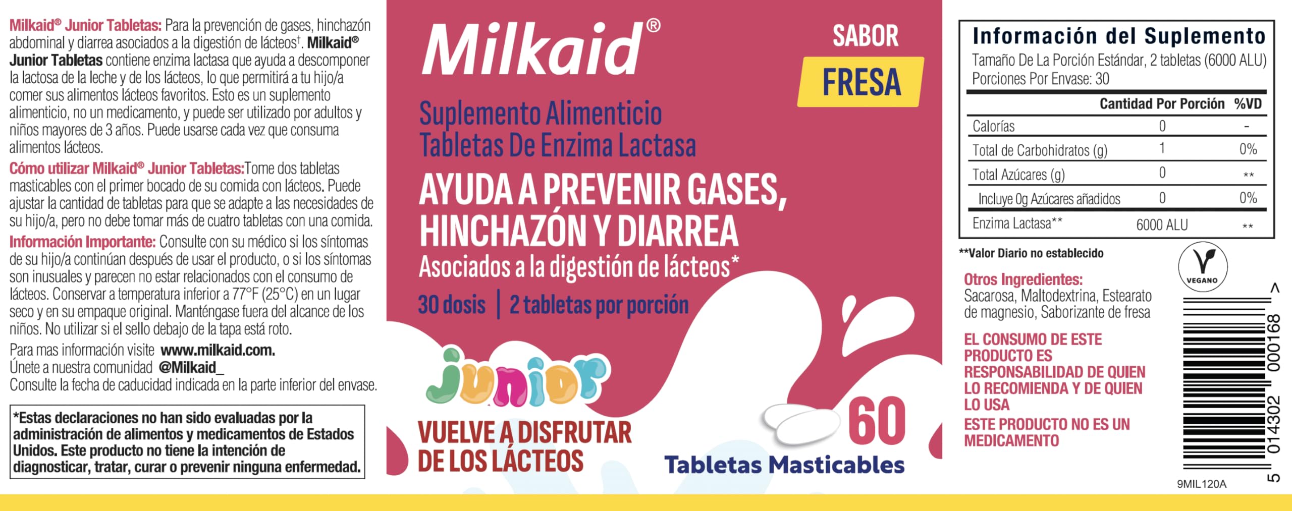 Milkaid Junior label highlighting vegetarian and gluten-free features