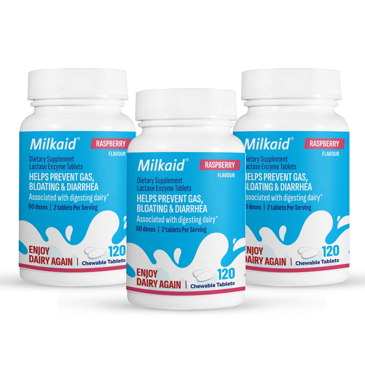 Milkaid Lactase Enzyme Chewable Tablets Raspberry – Lactose intolerance relief, dairy digestion aid, 360 tablets.