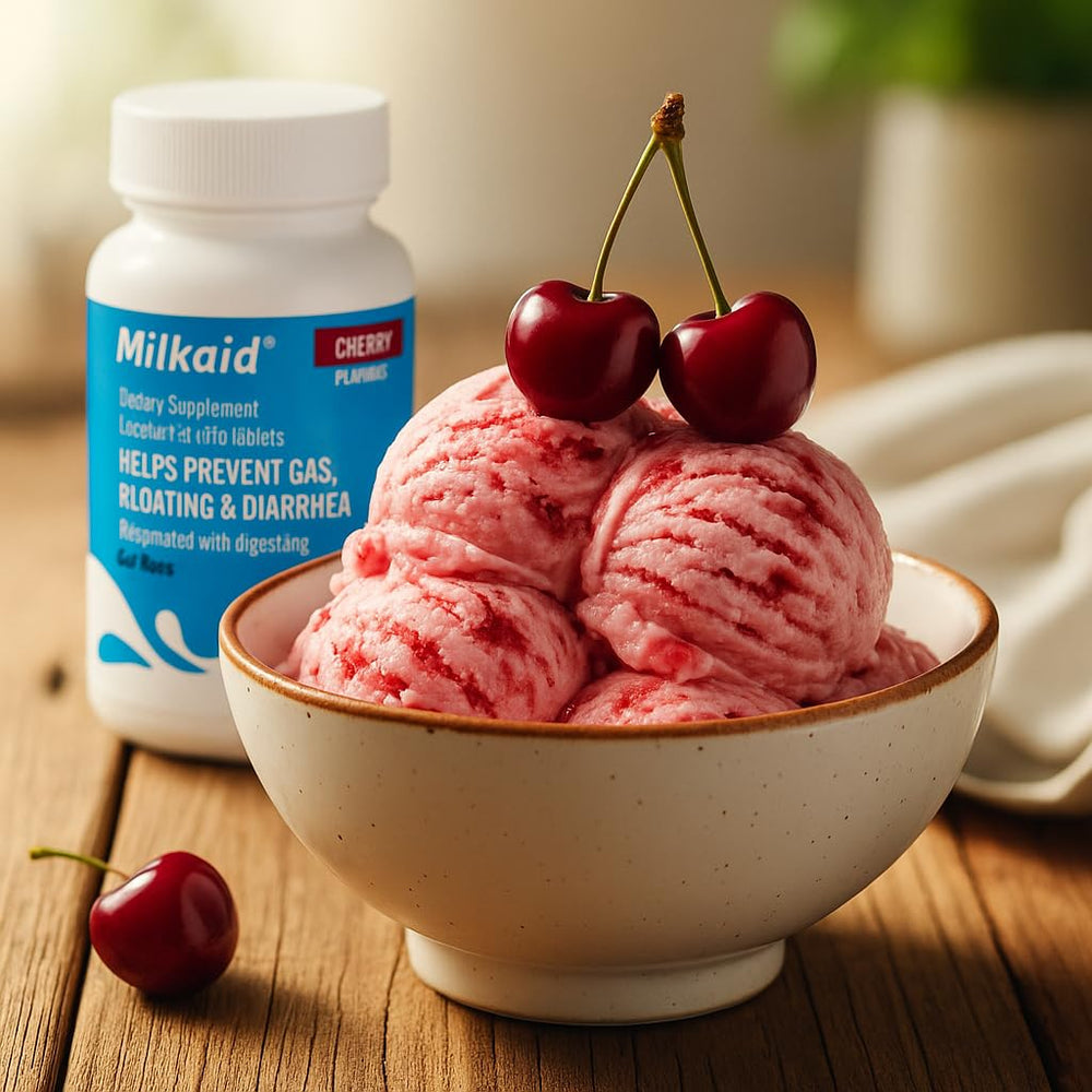 Milkaid bottle of chewable tablets with cherry flavor