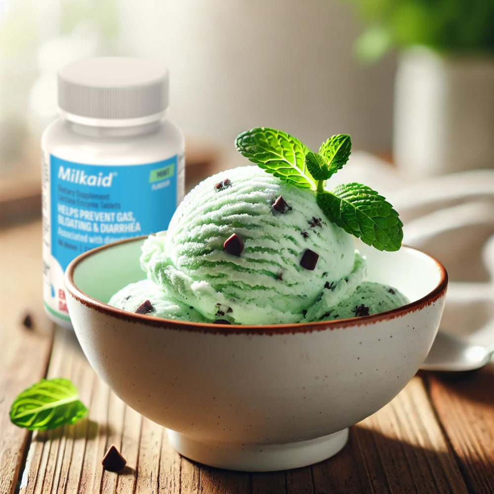 Close-up of Milkaid mint-flavored chewable tablet