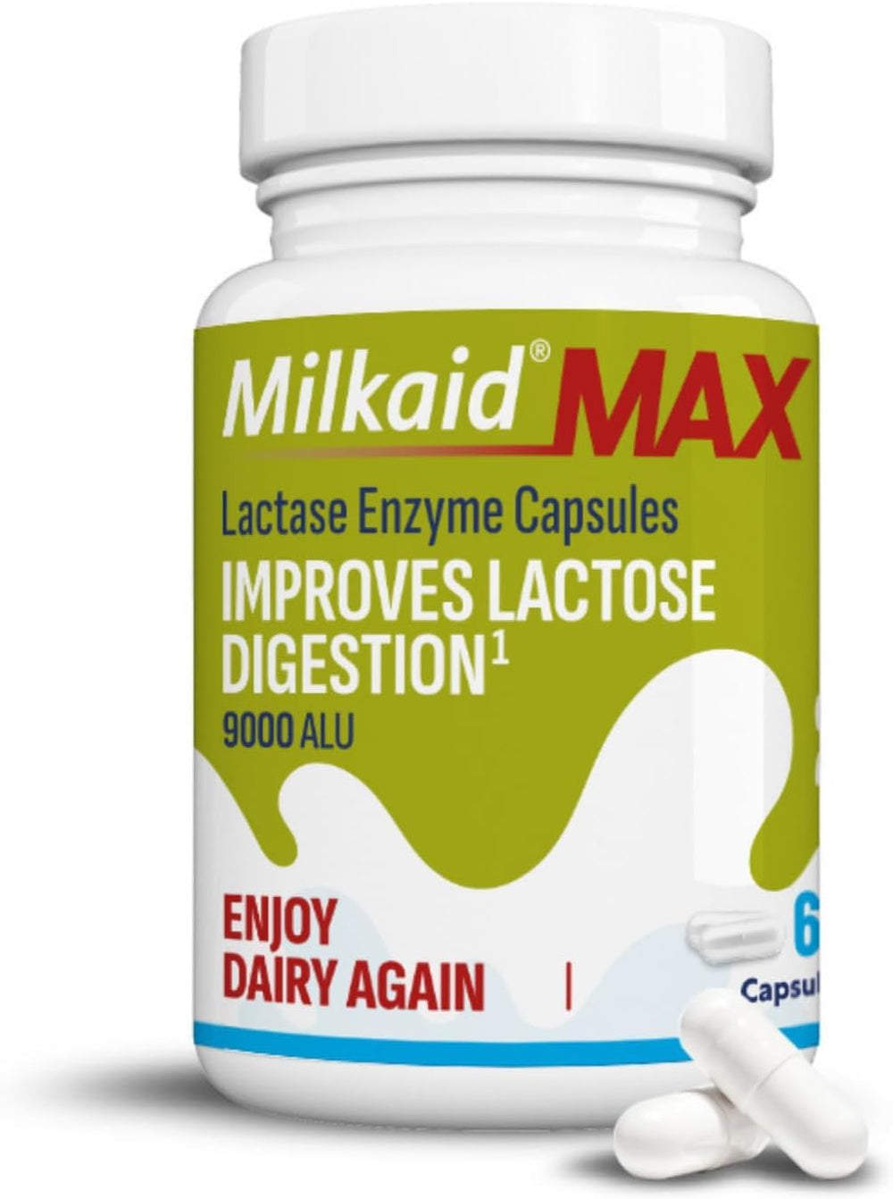 Milkaid Max 9000 ALU lactase capsules bottle, 60 unflavored