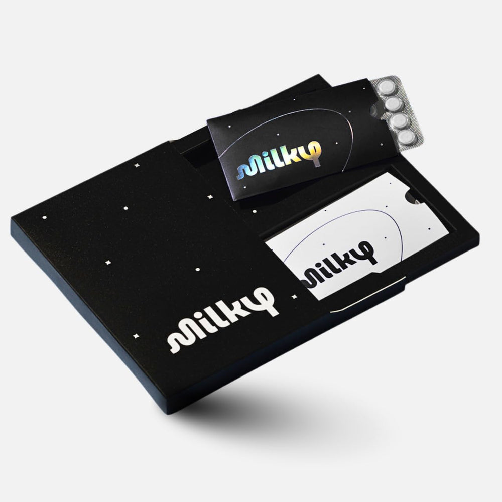 Milky Lactose Intolerance Pills bottle in Cosmic Black packaging with 48 count