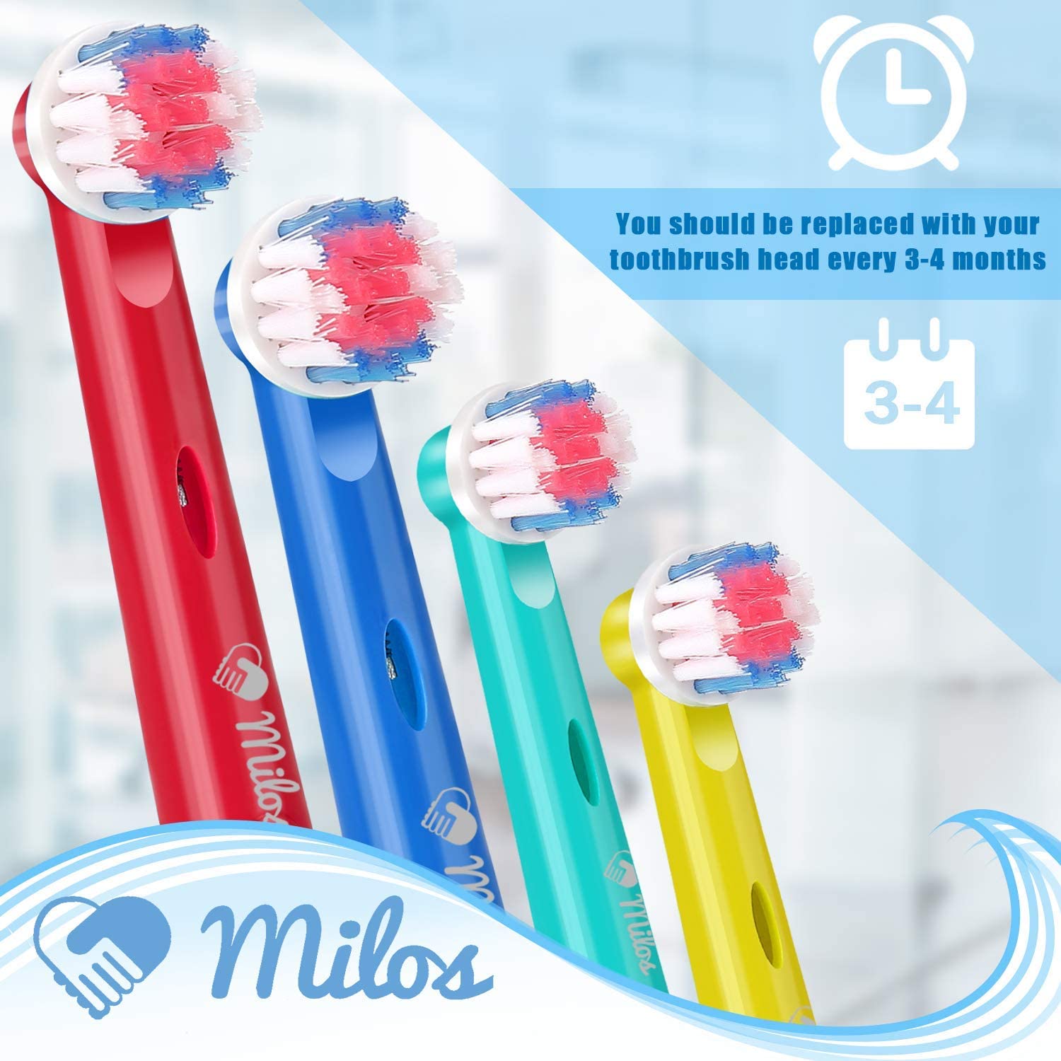 Multicolor Milos toothbrush heads for easy family differentiation