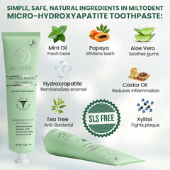 MILTODENT toothpaste demonstrating enamel whitening and plaque defense