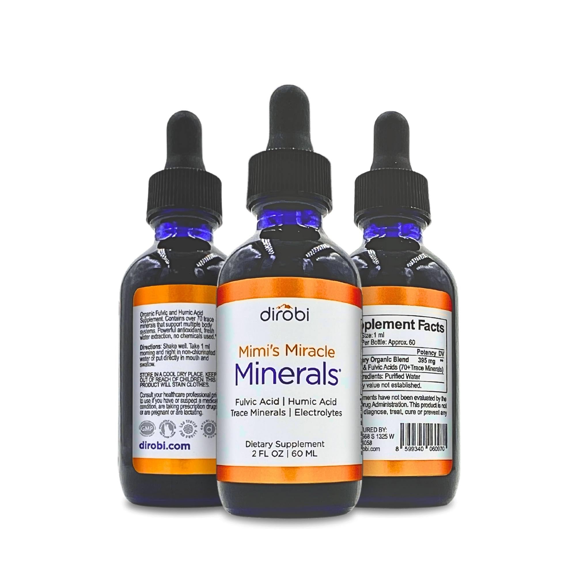 Bottle of Mimi's Miracle Minerals Fulvic Humic Liquid with dropper