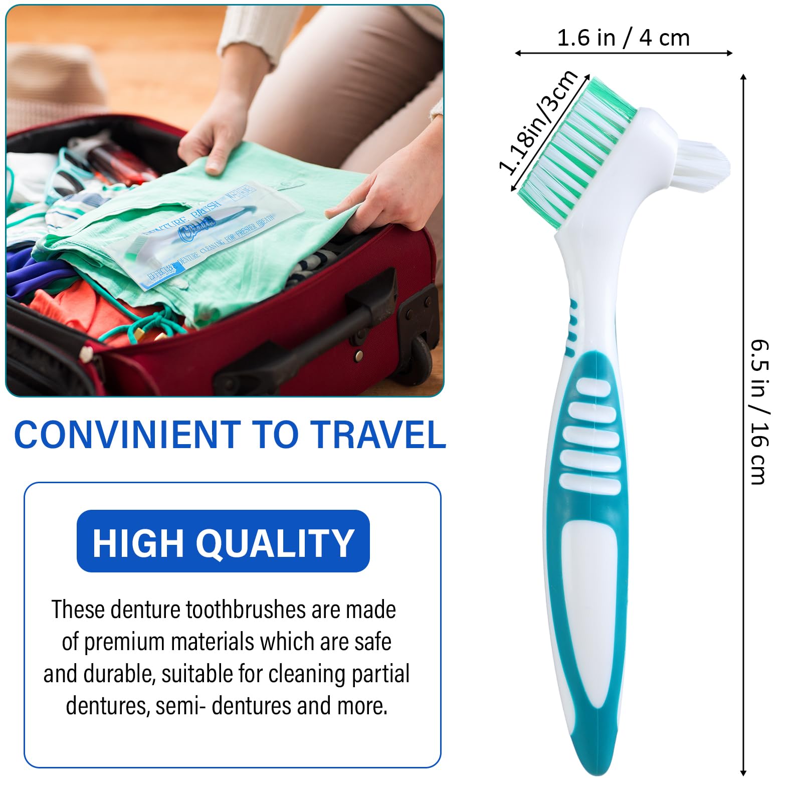Mimorou denture brush set in green color with ergonomic grip