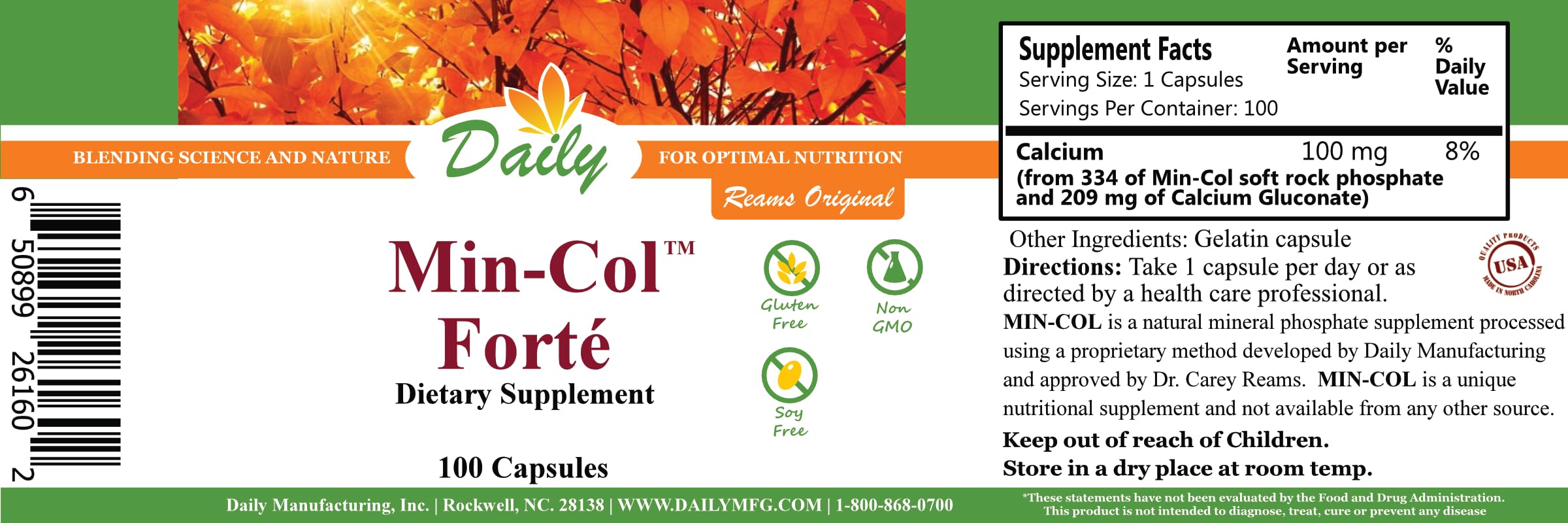 Close-up of Min-Col Forté label showing calcium and phosphate content