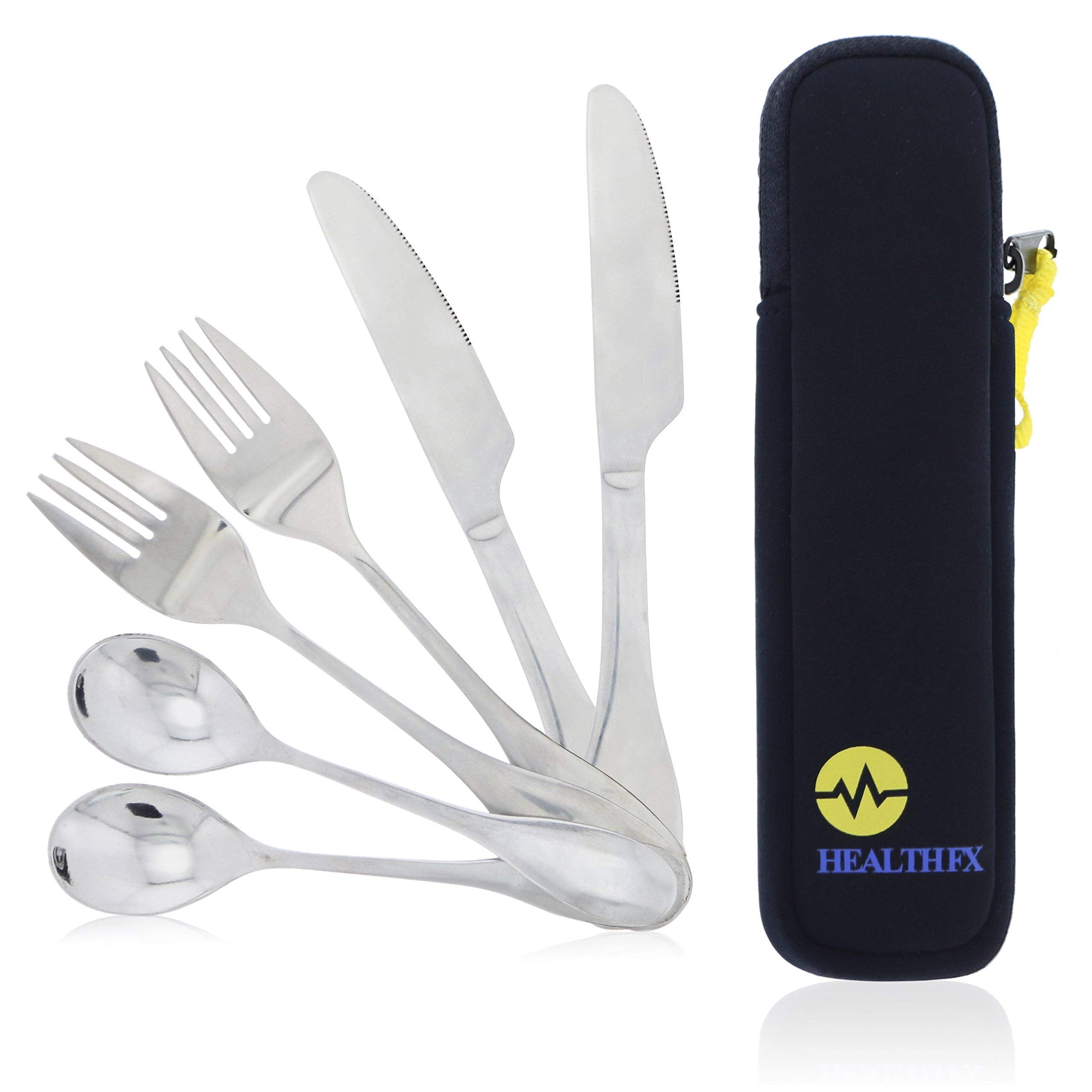 Mindful eating portion control flatware set with zippered neoprene pouch