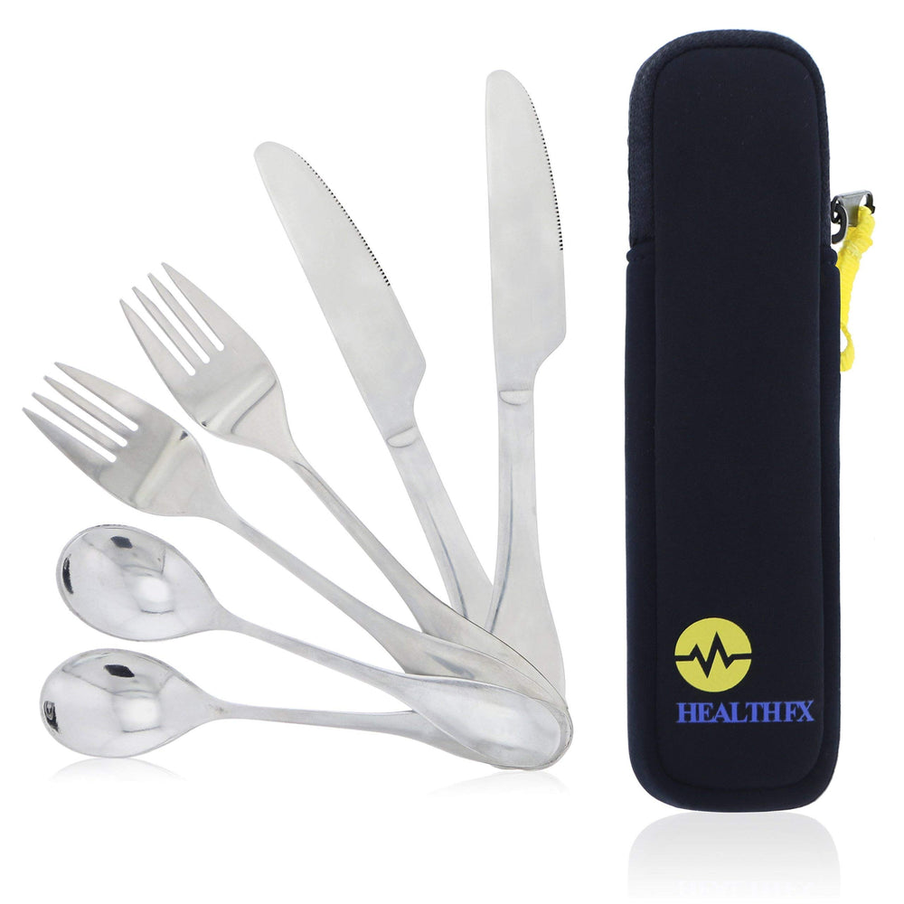 Mindful eating portion control flatware set with zippered neoprene pouch