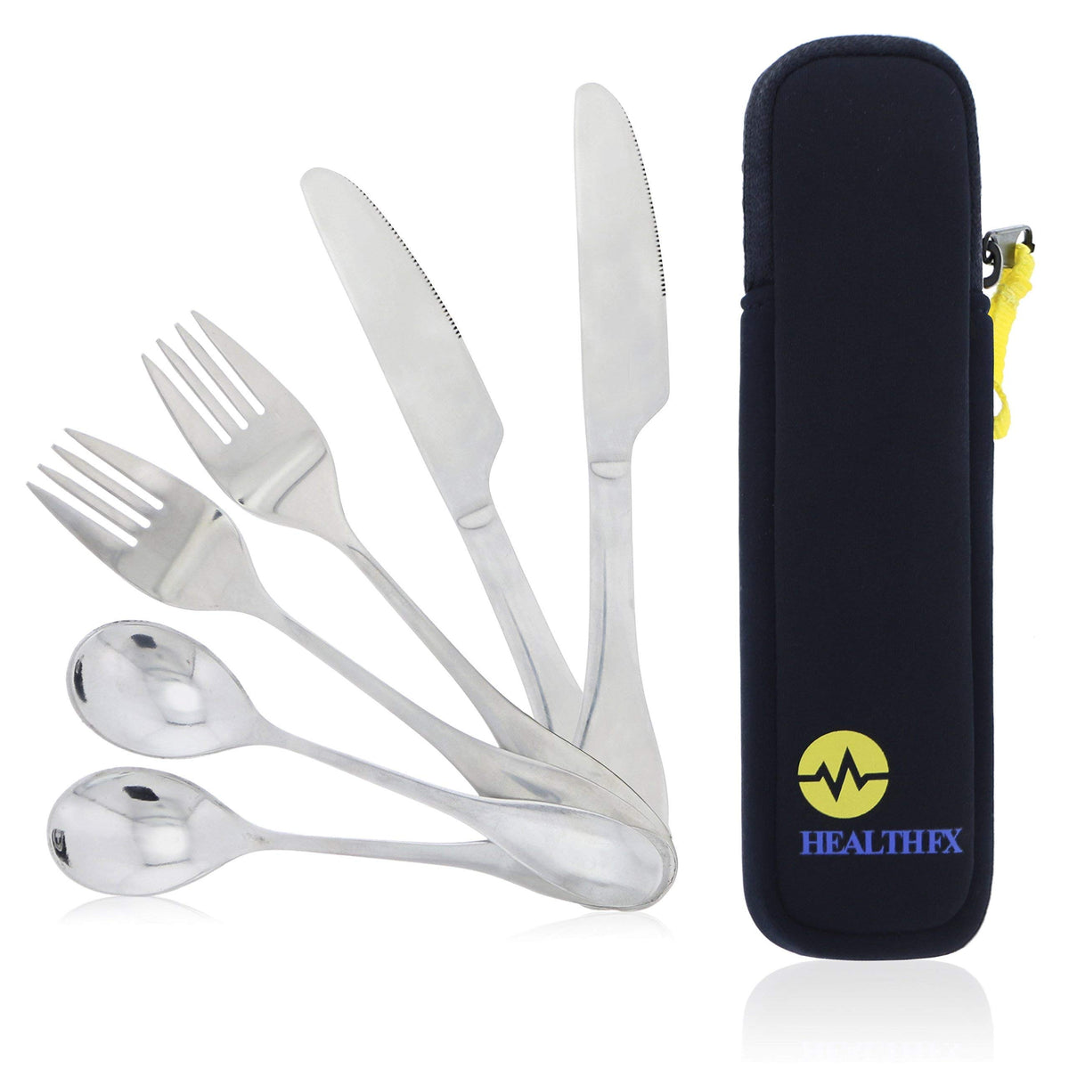 Mindful eating portion control flatware set with zippered neoprene pouch