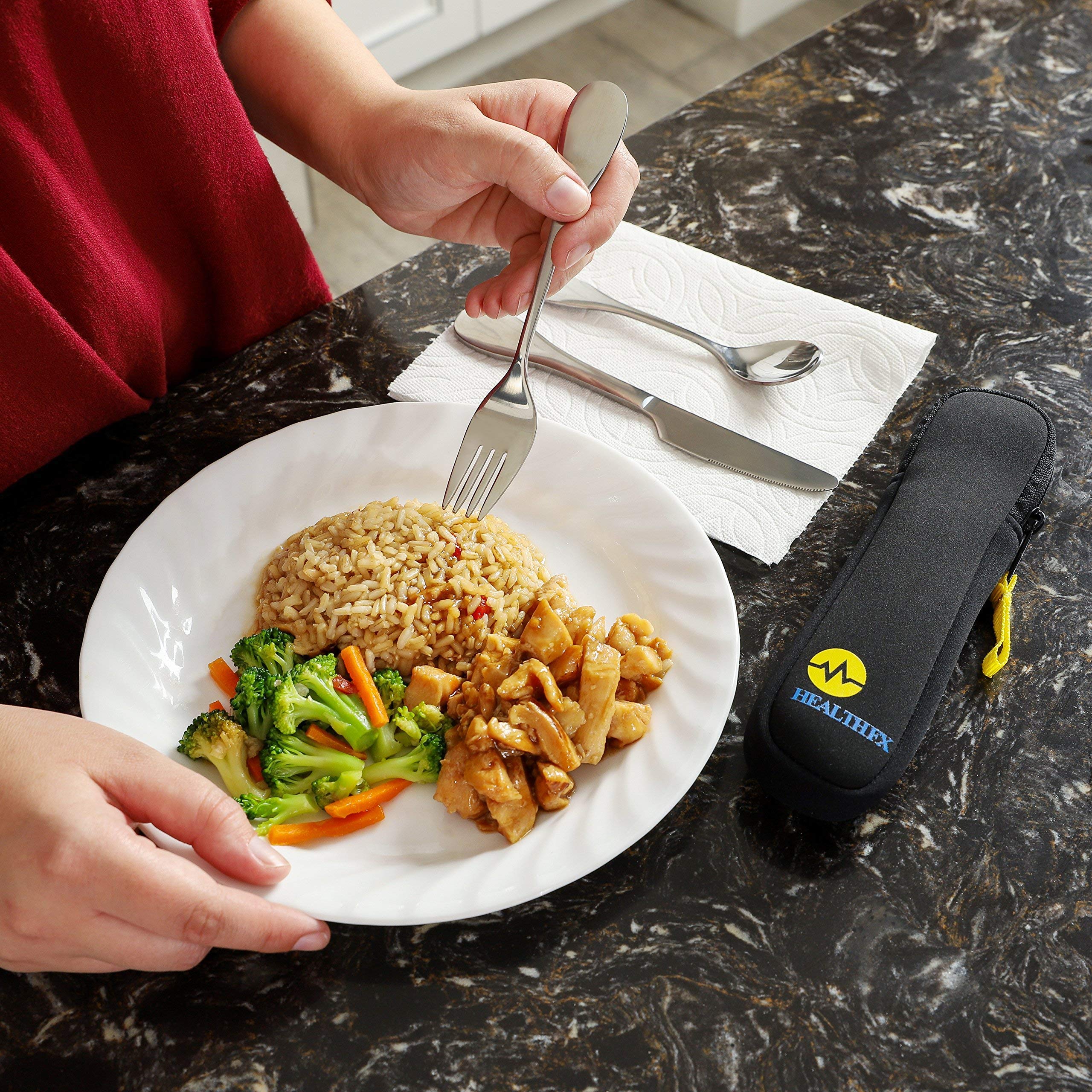 Close-up of stainless steel mindful eating flatware