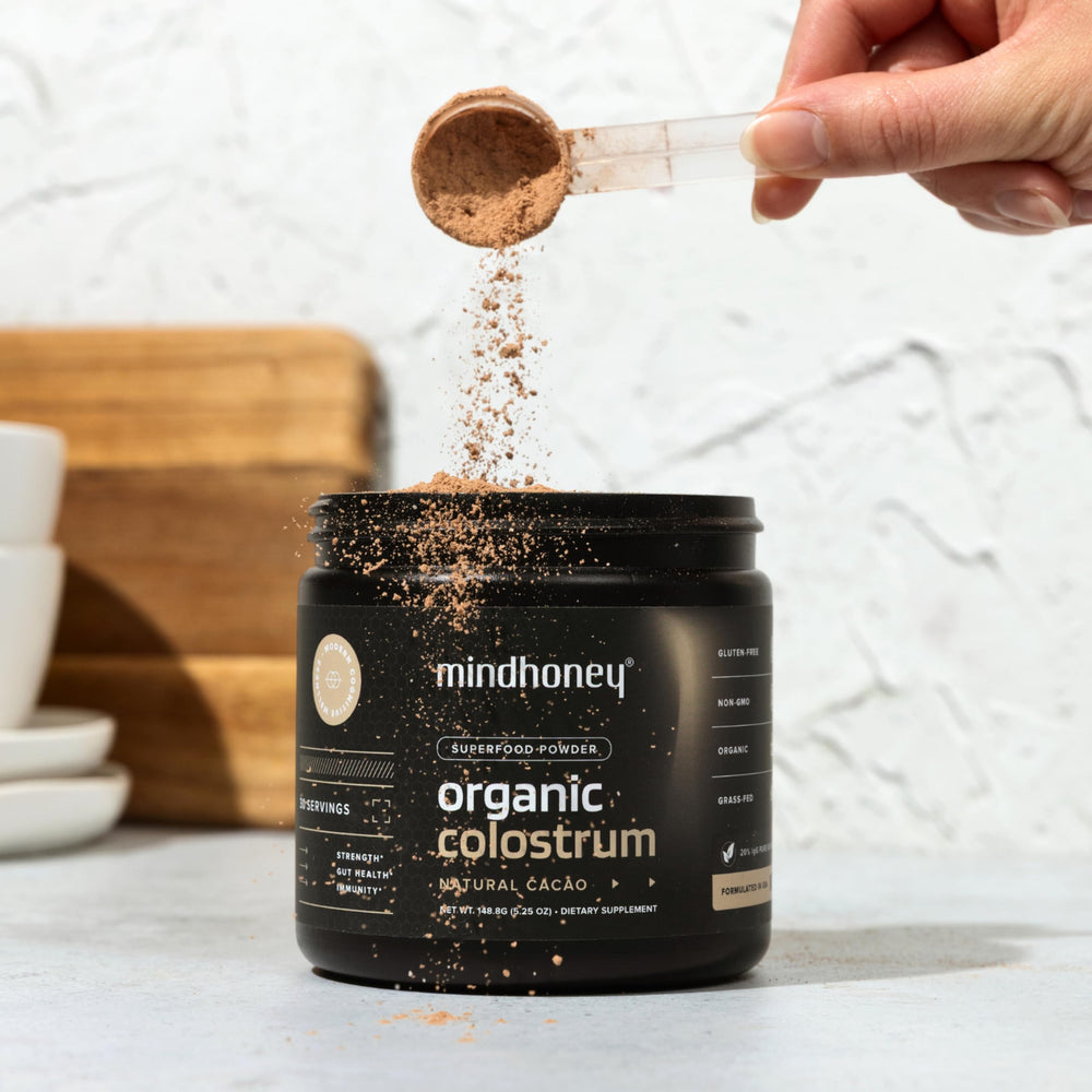 Ingredients and nutritional label for MINDHONEY colostrum cacao