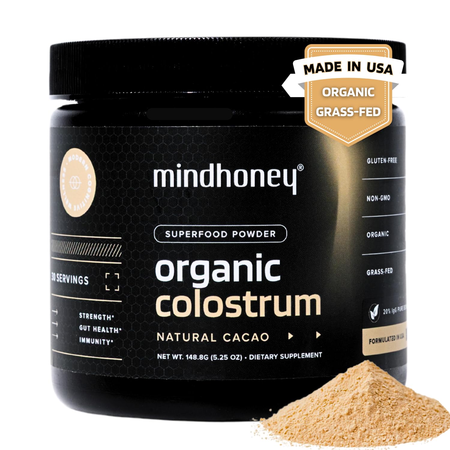 MINDHONEY Organic Colostrum cacao flavored powder packaging