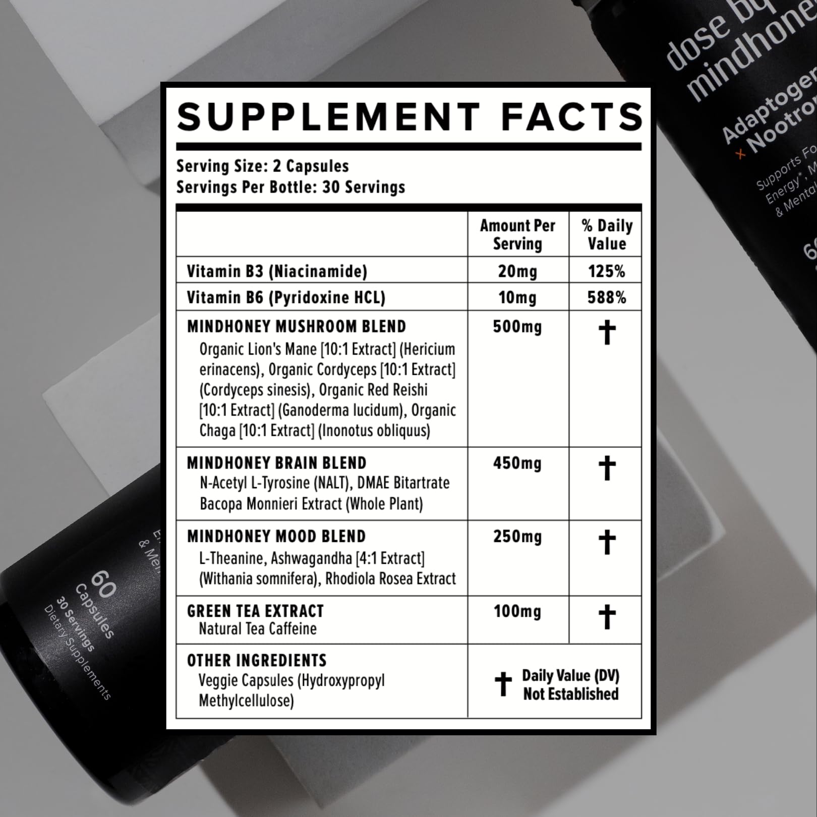 Ingredients: Lion’s Mane, Cordyceps, Reishi, Chaga, L-Theanine, Bacopa, Ashwagandha, Rhodiola, NALT, DMAE, Green Tea Extract, and B Vitamins