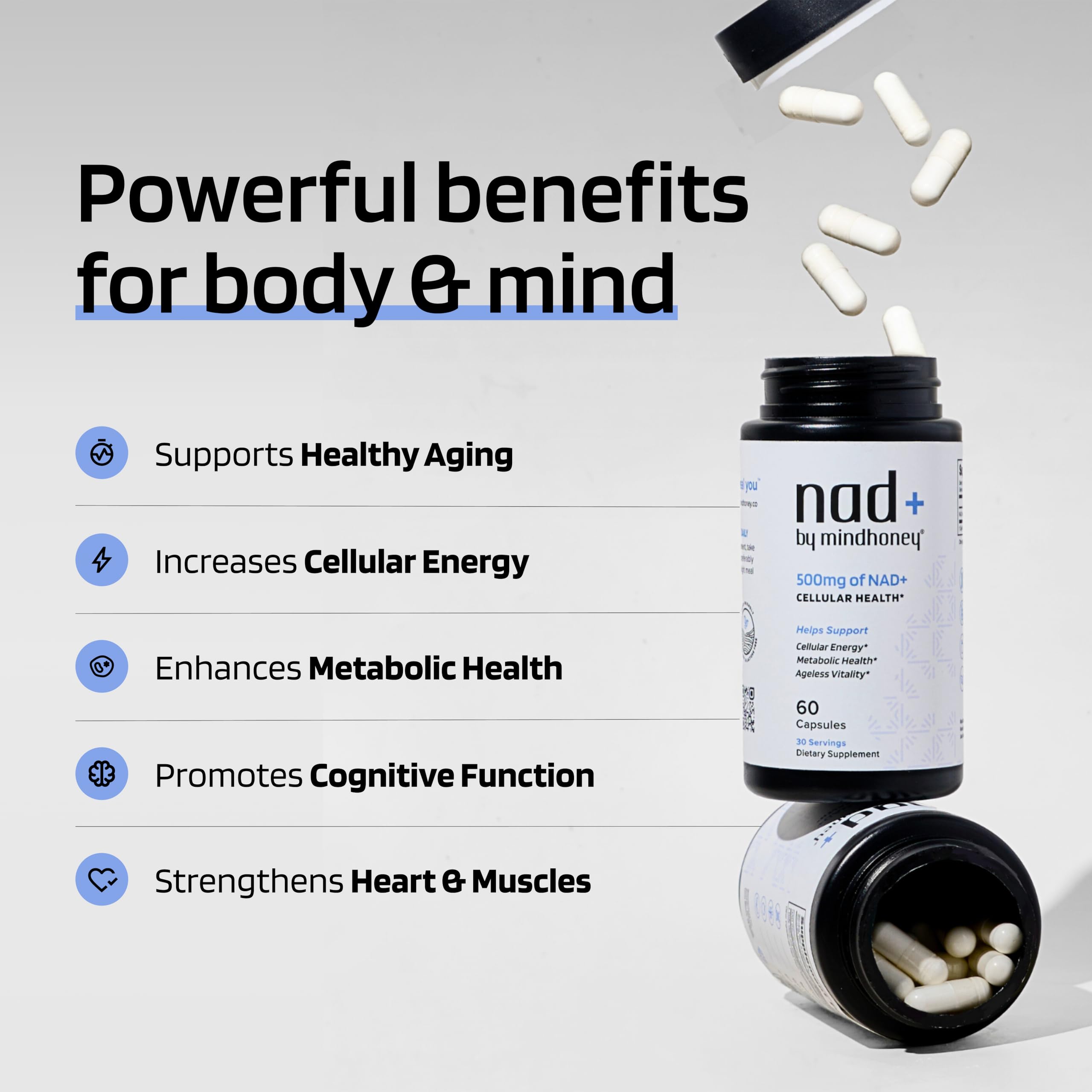Close-up of Mindhoney NAD+ bottle and capsules