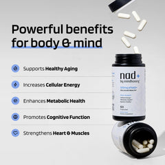 Close-up of Mindhoney NAD+ bottle and capsules