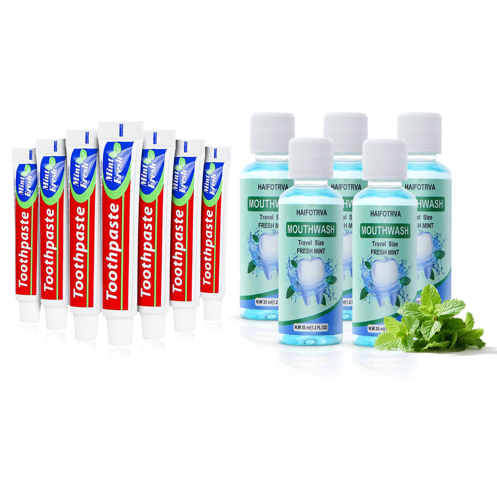 Mini mint mouthwash bottle, 35ml (1.2oz), blue packaging