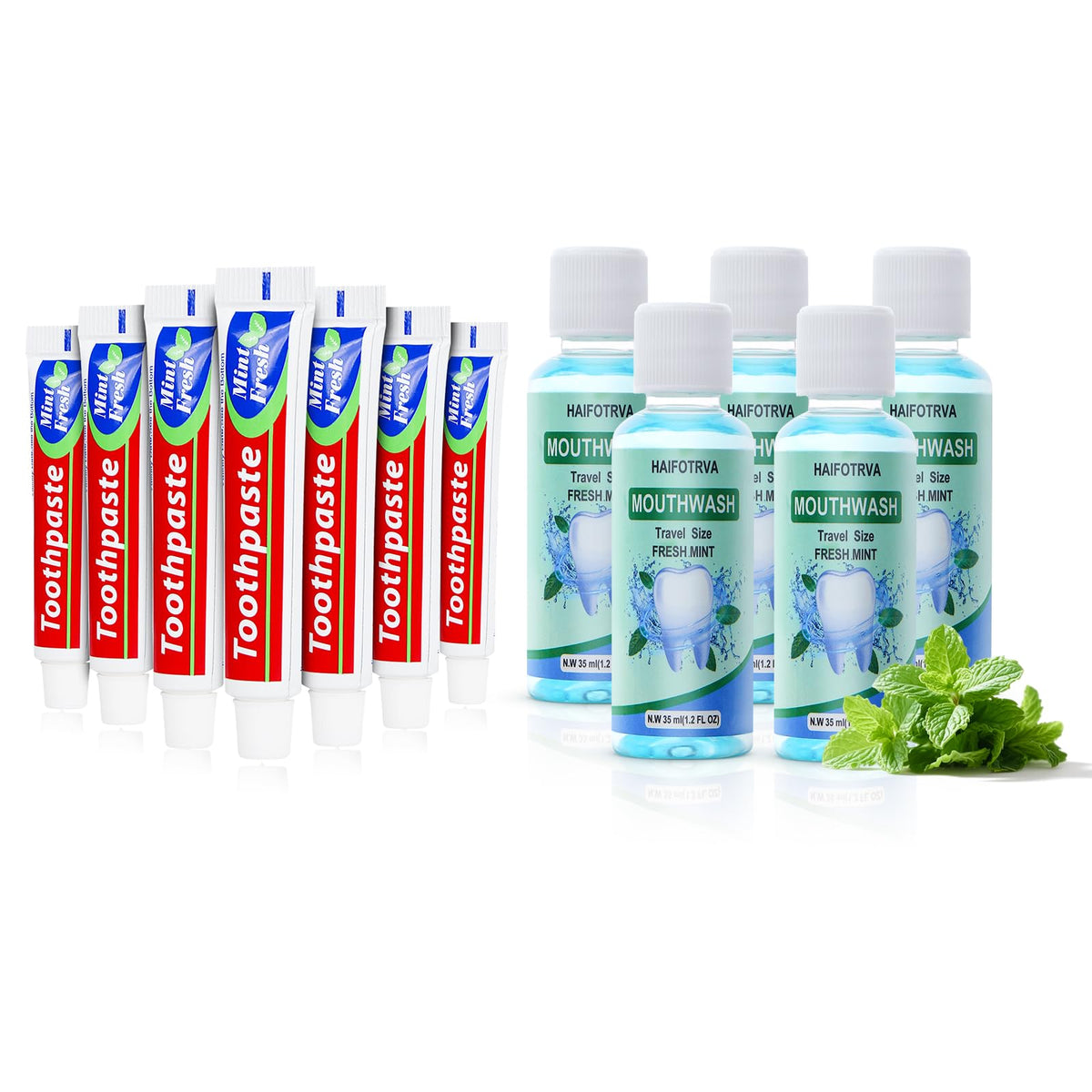Mini mint mouthwash bottle, 35ml (1.2oz), blue packaging