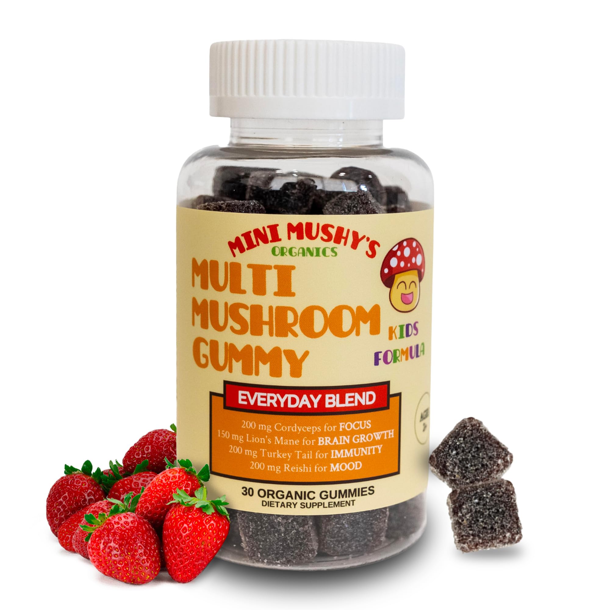 Bottle of Mini Mushy's Everyday Support Gummies for kids aged 2+ (Strawberry flavor)