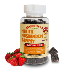 Bottle of Mini Mushy's Everyday Support Gummies for kids aged 2+ (Strawberry flavor)