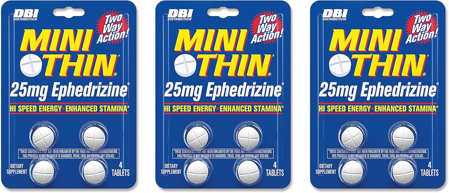 Front view of Mini Thin DBI Ephedrizine blister pack showing 4-count pills