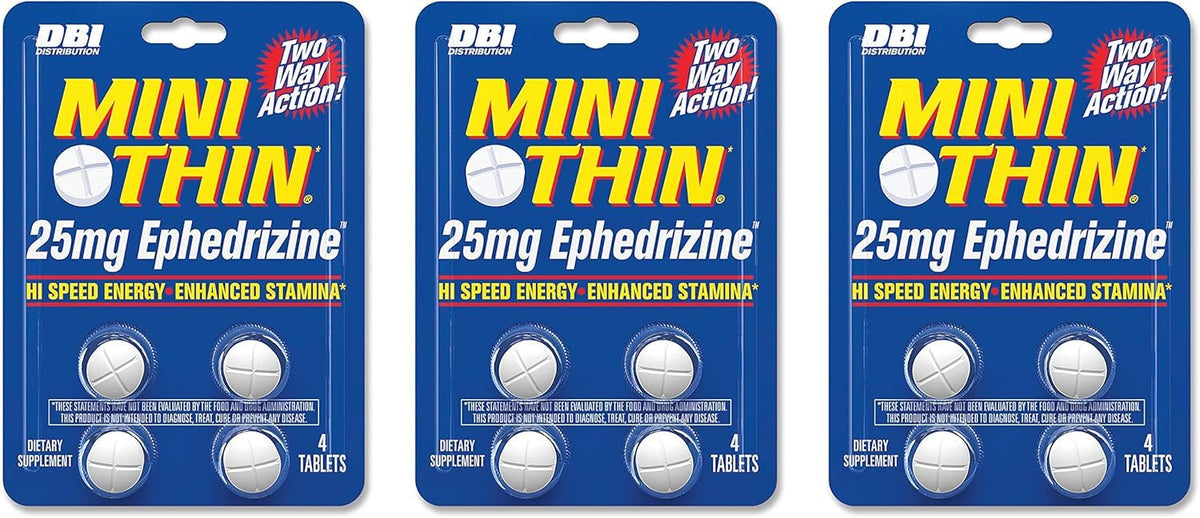 Front view of Mini Thin DBI Ephedrizine blister pack showing 4-count pills