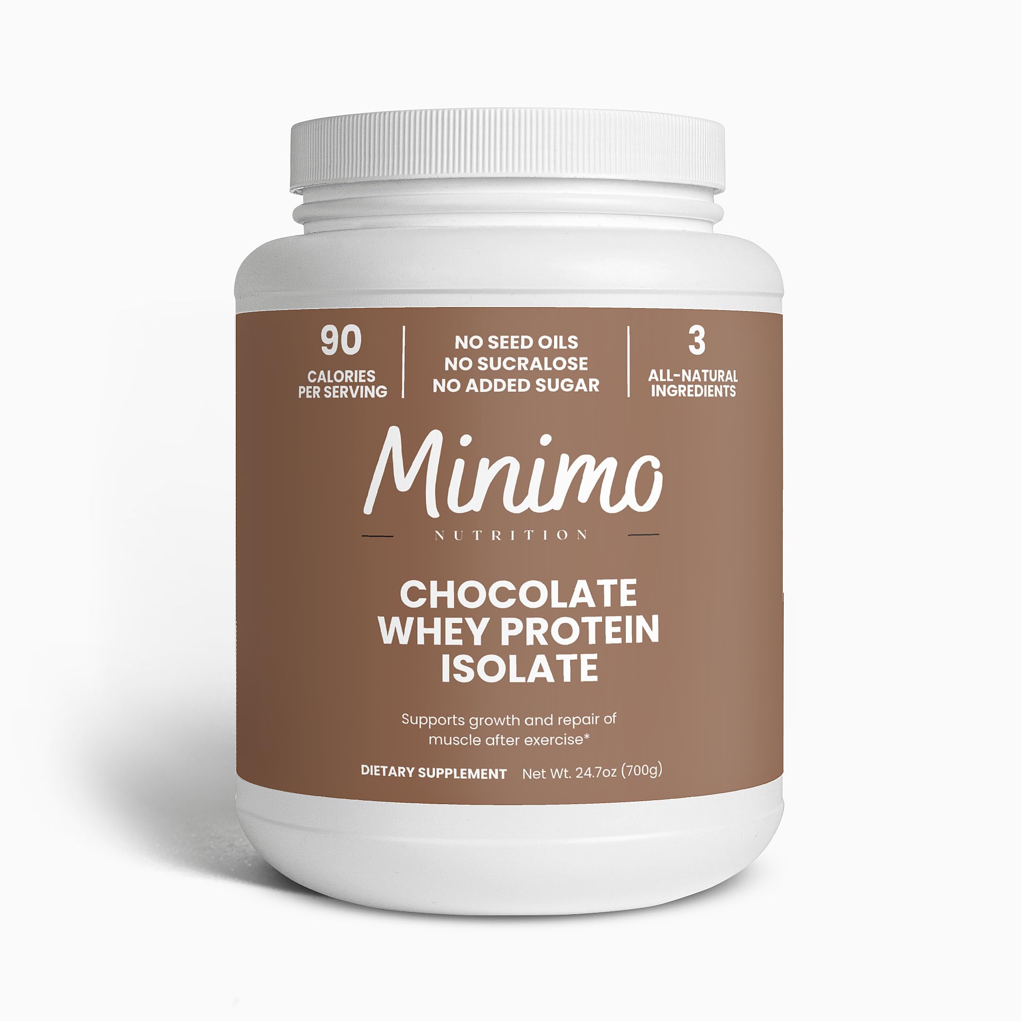Minimo Nutrition Whey Isolate bottle on the counter for convenient post-workout recovery.