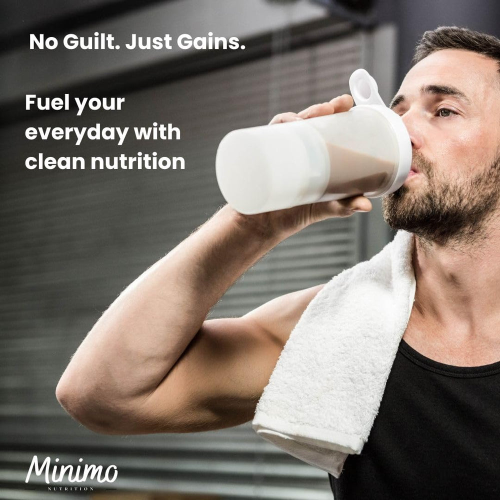 Minimo Nutrition Whey Isolate scoop beside a cup for daily protein intake.