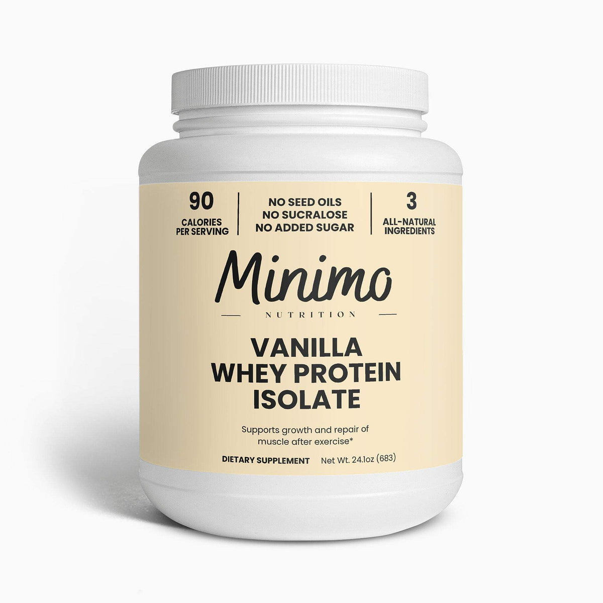 Minimo Nutrition Whey Isolate Vanilla bottle pour shows quick, clean protein delivery for post-workout recovery
