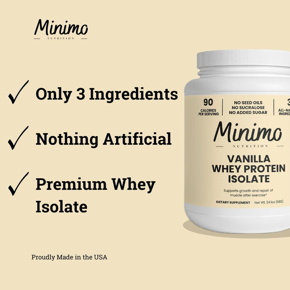 Minimo Nutrition Whey Isolate Vanilla container closeup highlights complete amino acids for muscle support