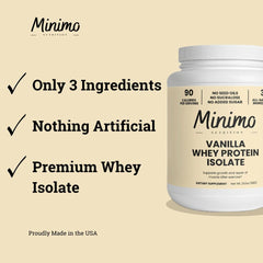 Minimo Nutrition Whey Isolate Vanilla scoop beside a glass signals smoothie integration