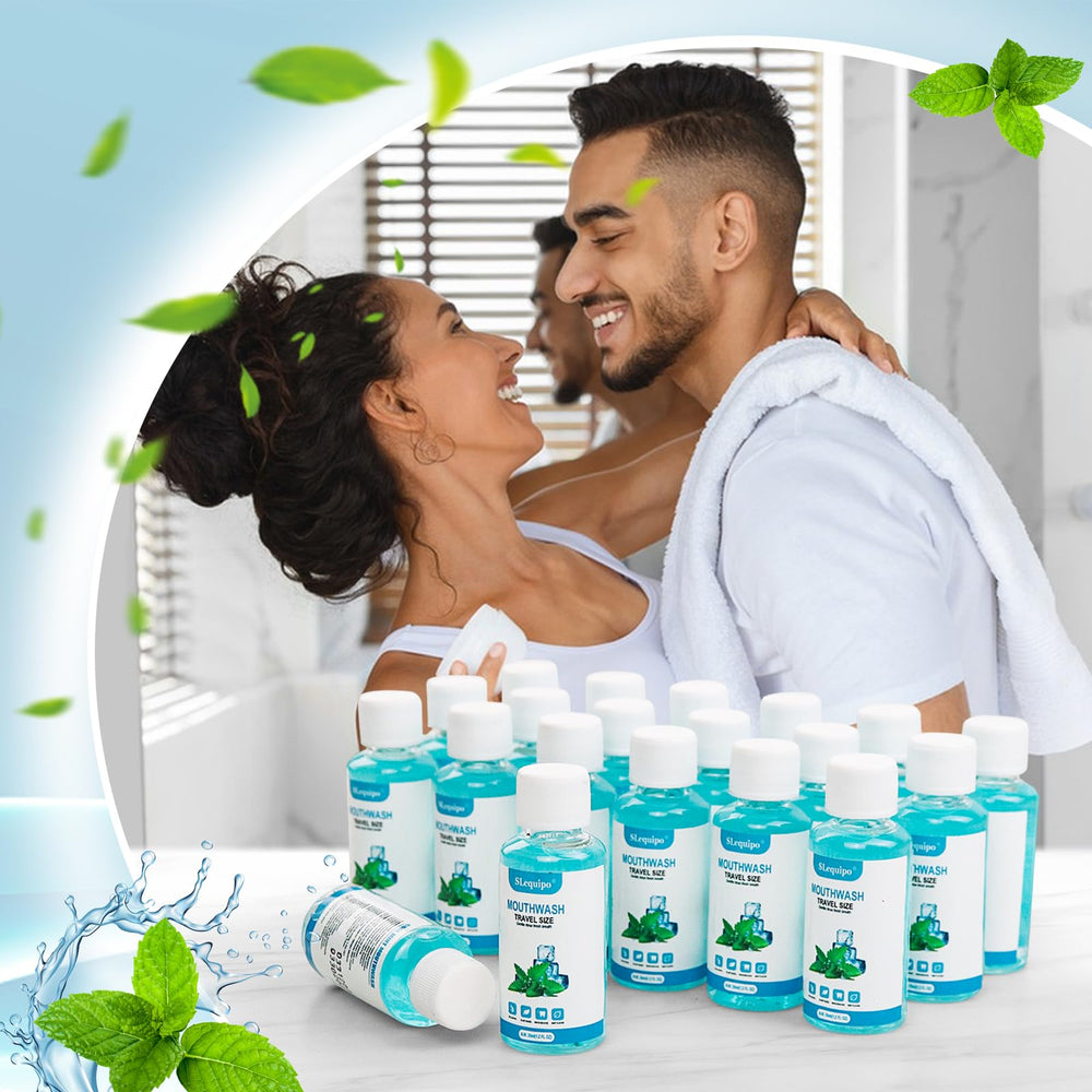 Mint flavored mouthwash in a small bottle