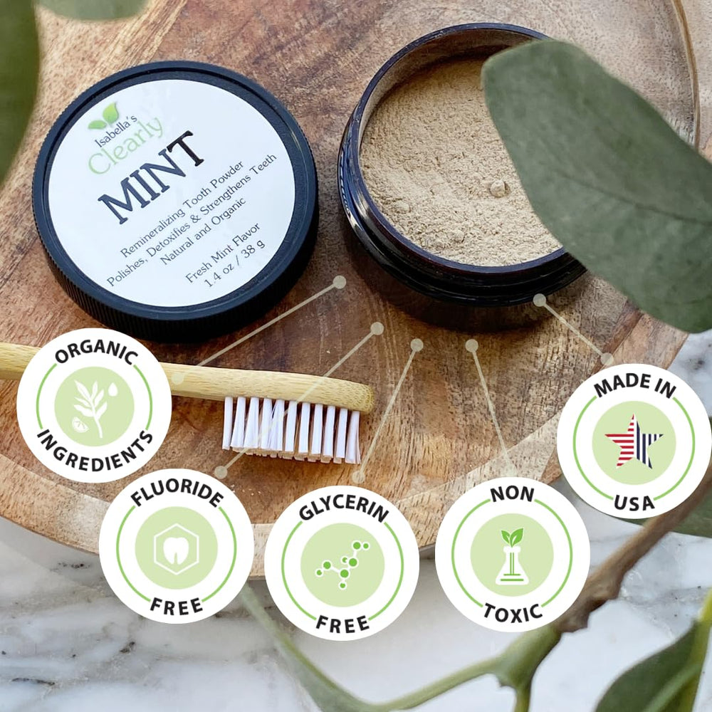 Mint flavor tooth powder ingredients including xylitol, baking soda, clay, calcium