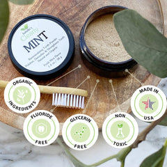 Mint flavor tooth powder ingredients including xylitol, baking soda, clay, calcium