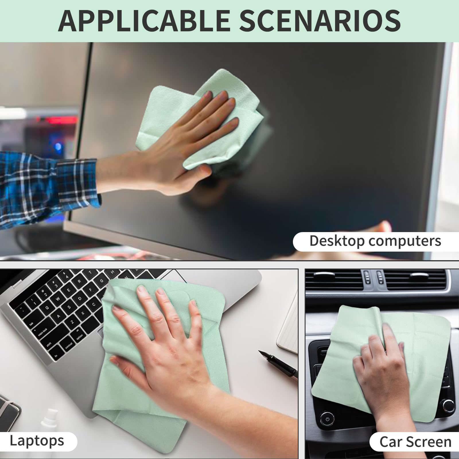Mint green microfiber cloth cleaning a camera lens