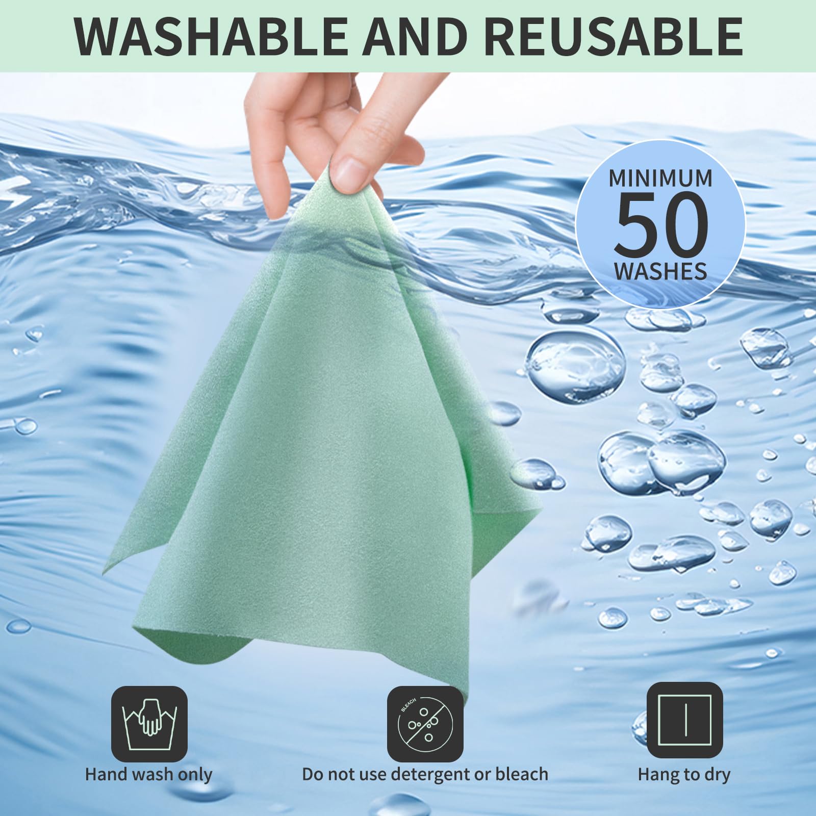 Mint green microfiber cloths stored in a glasses case or drawer