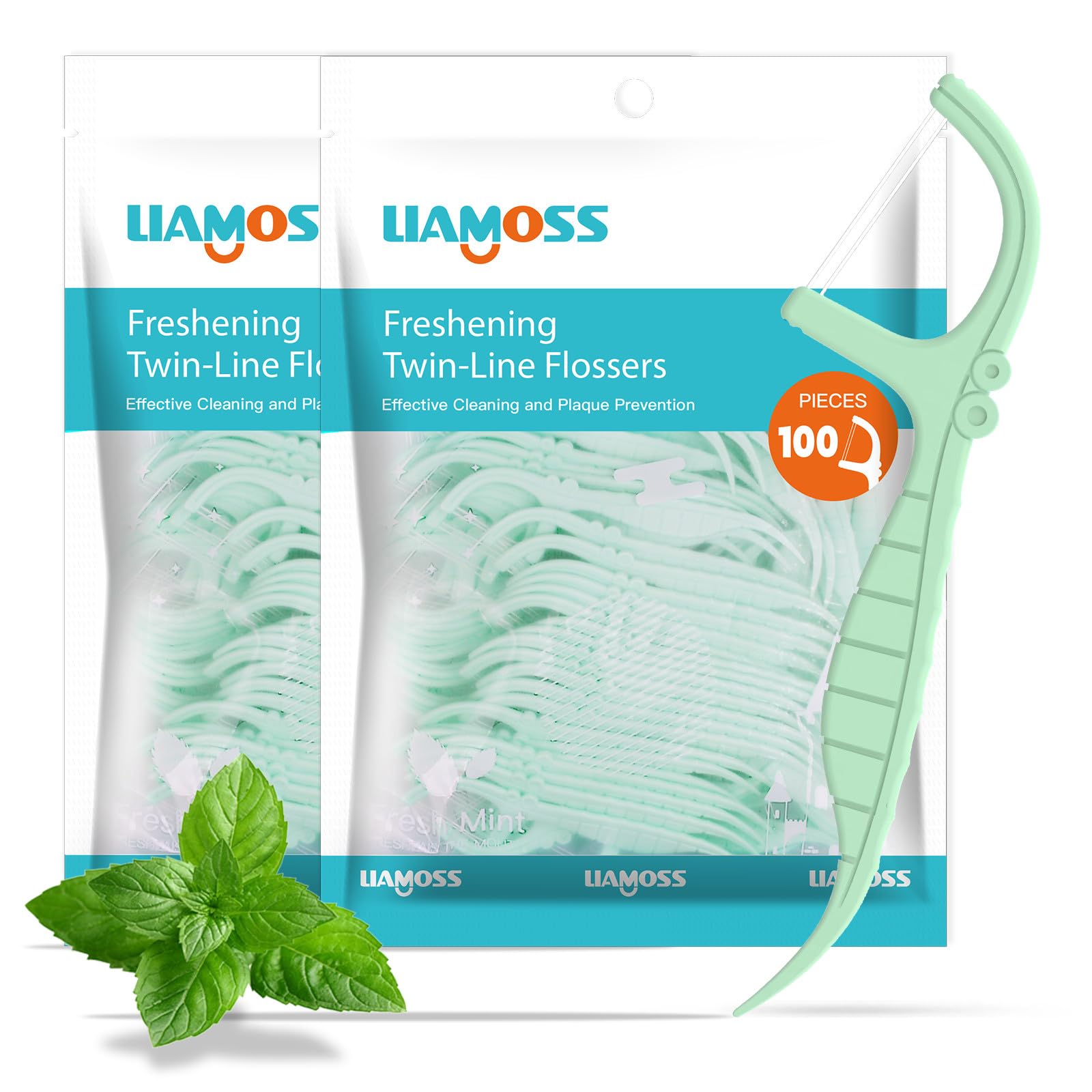 Mint twin-line dental flossers close-up with mint floss