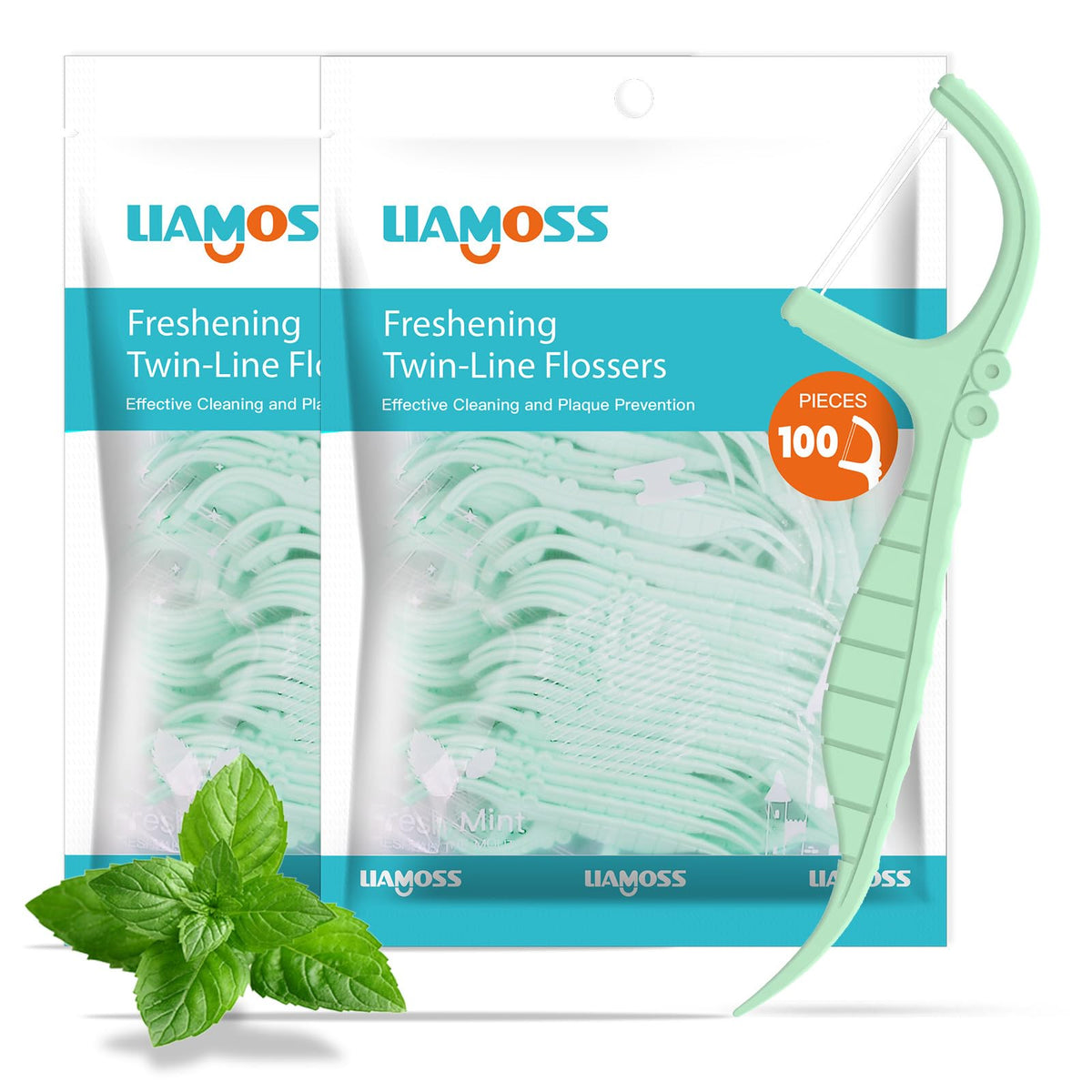 Mint twin-line dental flossers close-up with mint floss