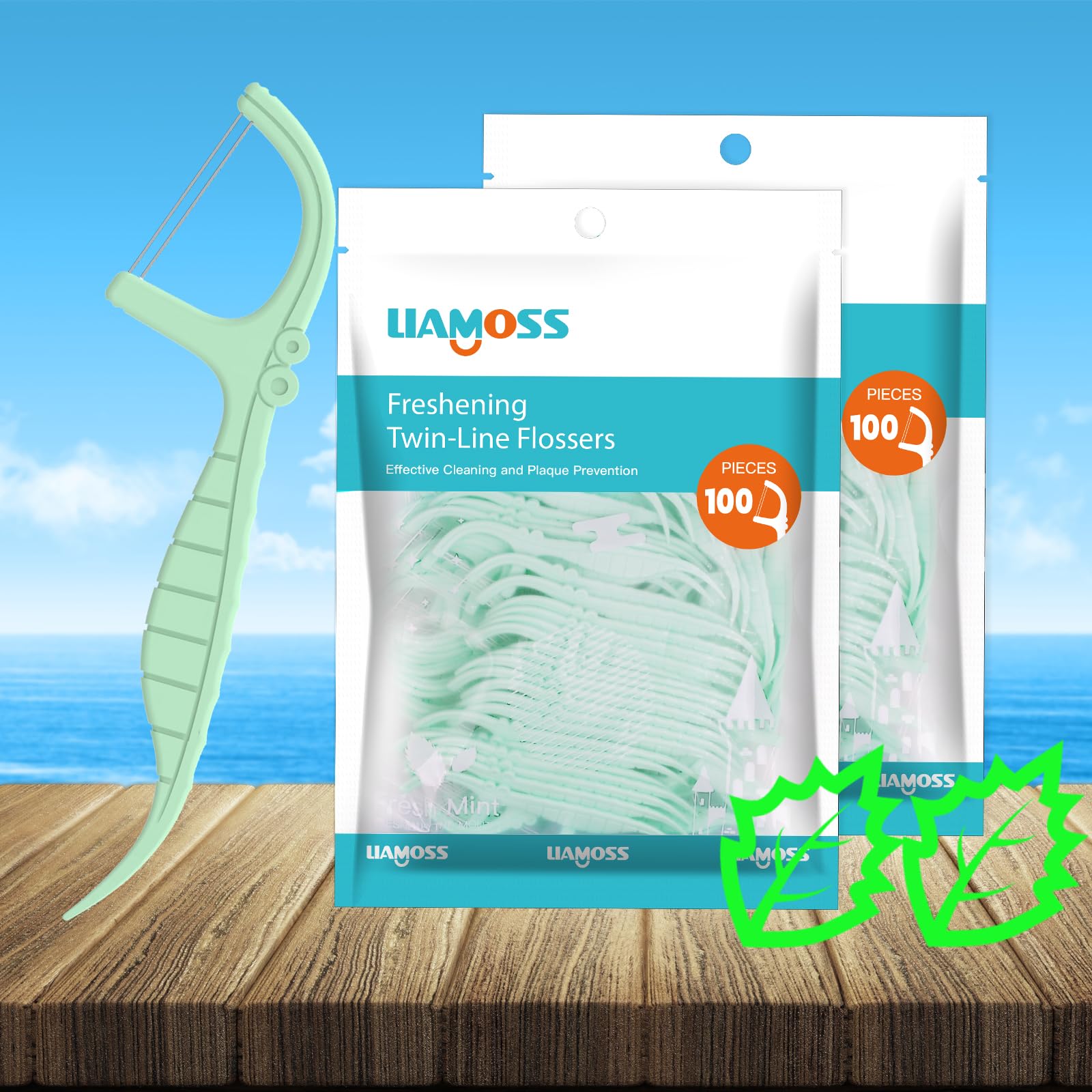 LIAMOSS mint dental flossers packaging and 2-pack set